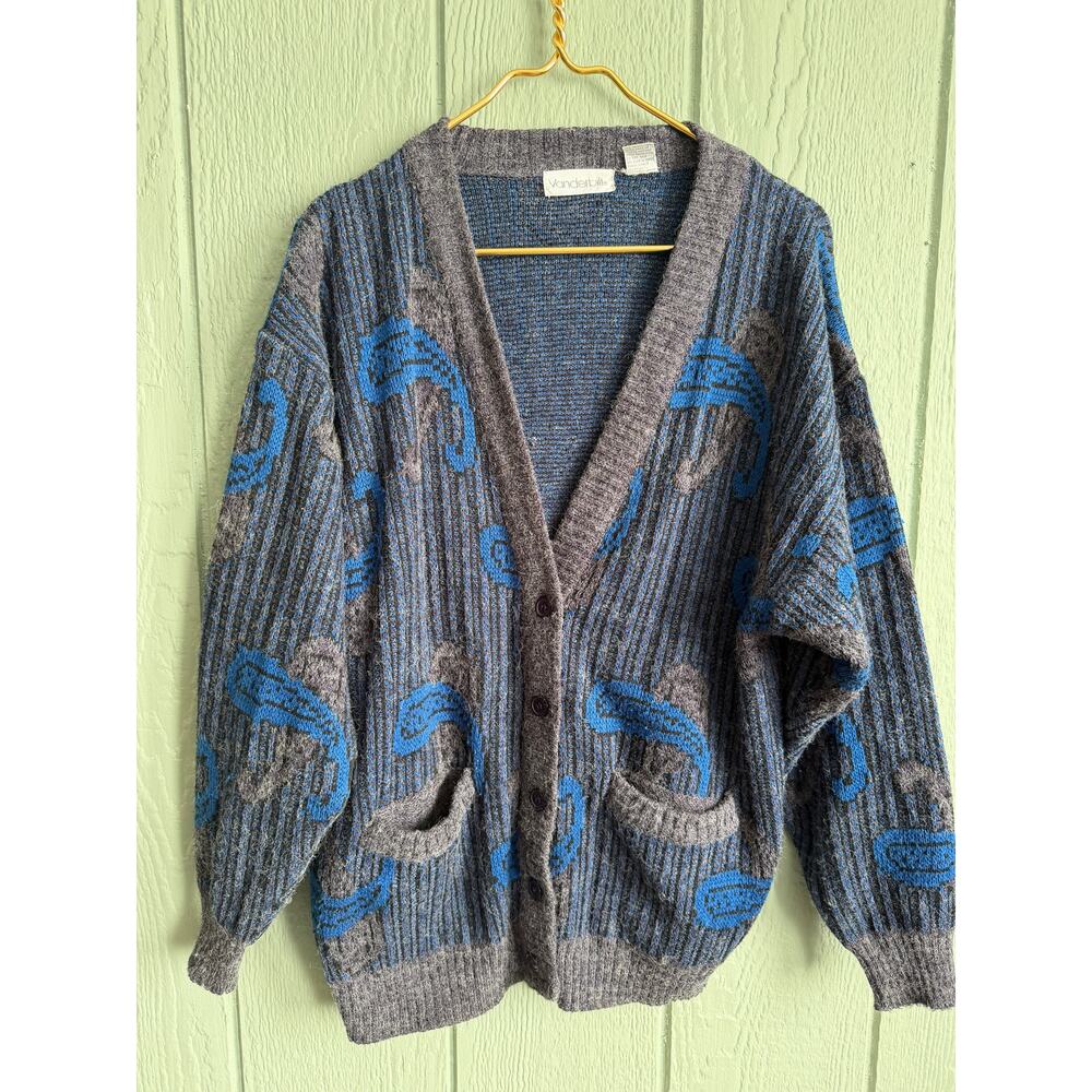 80s Vintage Vanderbilt Abstract Knit Cardigan Fuzzy Grandpa Sweater Medium